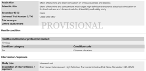 Ketamine device/drug combination therapy trial for tinnitus screenshot