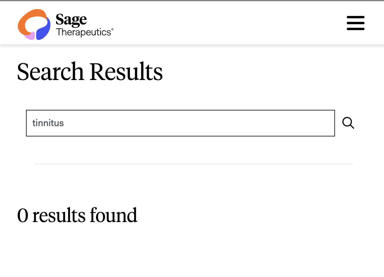 Sage Therapeutics website search for tinnitus returns 0 results